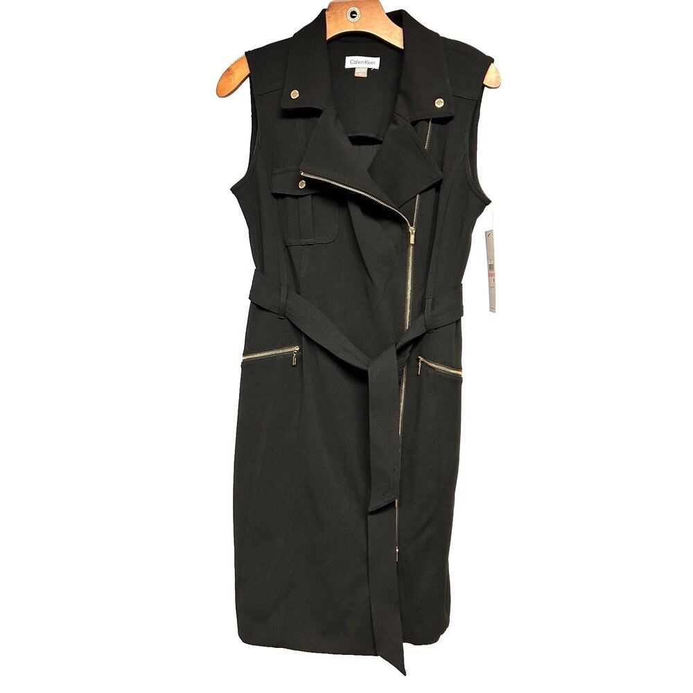 NWT Calvin Klein Women's 10 Dress Black Sleeveless Trench-Style Gold Zippers